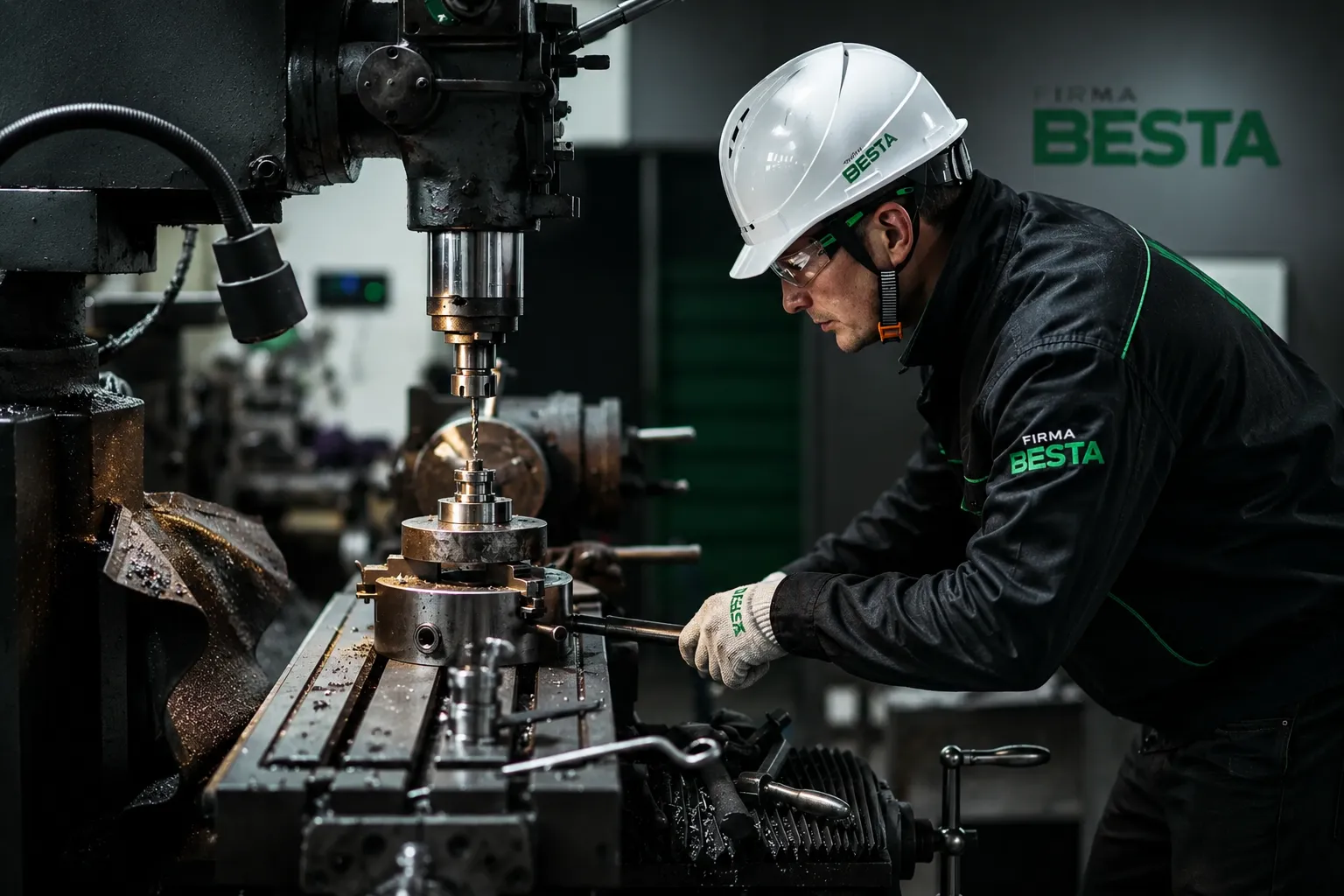 Technik Firma BESTA przy frezarce — precyzyjna obróbka CNC komponentów przemysłowych